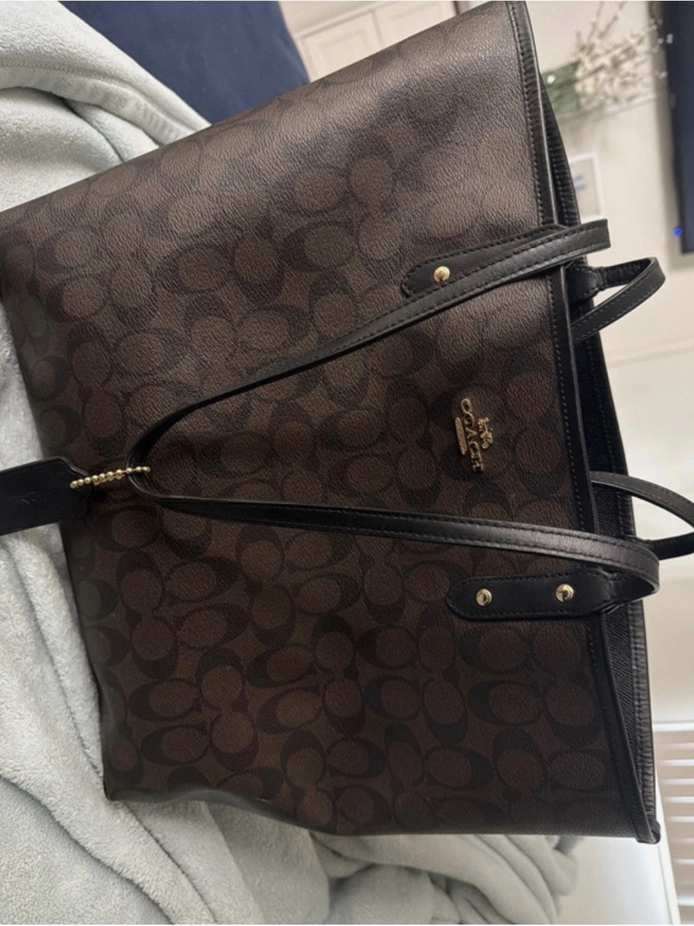Coach Dark Brown Signature Tote with Black Trim